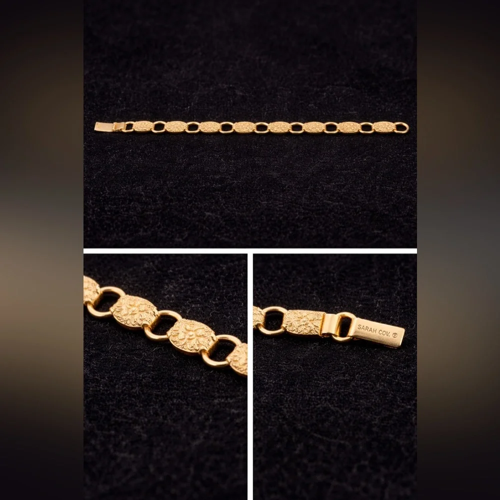 Vintage Sarah Coventry Gold Tone Link Bracelet 7” Signed Floral Textured Links